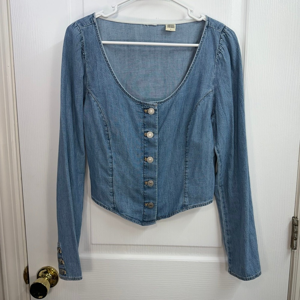 Vintage Levi Strauss & Co Daryn blue denim light wash corset button scoop blouse
